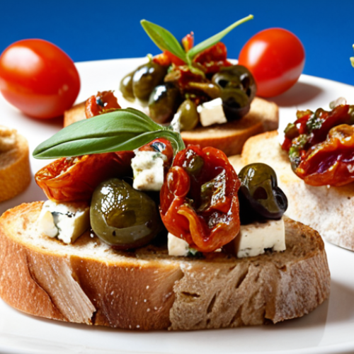 Home 19 **Image Prompt:** Close-up shot of a colorful Mediterranean tapenade featuring sun-dried tomatoes, olives, capers, and feta cheese, arranged attractively on toasted bruschetta slices. Focus on texture and vibrant colors. Swedish flag in background, subtle.