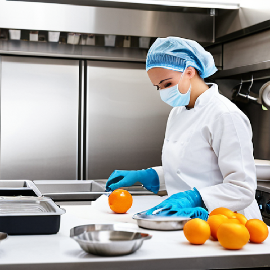 **Hygienic food drying setup.** A clean, modern kitchen with stainless steel surfaces. Focus on gleaming equipment, organized ingredients, and a person wearing gloves meticulously preparing fruit for drying. Light and airy atmosphere.