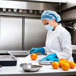 **Hygienic food drying setup.** A clean, modern kitchen with stainless steel surfaces. Focus on gleaming equipment, organized ingredients, and a person wearing gloves meticulously preparing fruit for drying. Light and airy atmosphere.