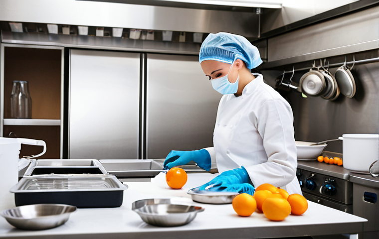 **Hygienic food drying setup.** A clean, modern kitchen with stainless steel surfaces. Focus on gleaming equipment, organized ingredients, and a person wearing gloves meticulously preparing fruit for drying. Light and airy atmosphere.