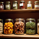 **A cozy kitchen scene showcasing various jars and containers filled with home-dried fruits, vegetables, herbs, and spices. Focus on warm lighting, rustic textures like wood and glass, and a sense of abundance and homemade goodness. Consider adding details like handwritten labels on the jars and a few scattered fresh ingredients to emphasize the drying process.**