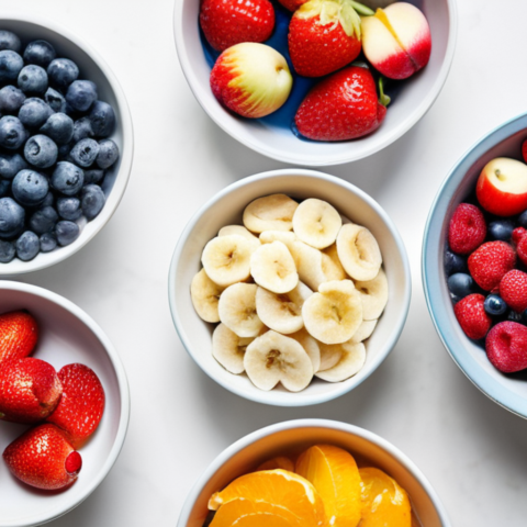 A close-up, high-resolution macro photograph of a vibrant assortment of freeze-dried fruits and berries. The composition features crisp, intensely colored strawberries, blueberries, and apple slices from a local Swedish orchard, showcasing their delicate texture and concentrated natural sweetness. They are artfully arranged in a minimalist, light-colored ceramic bowl on a clean, modern white surface, with soft, diffused studio lighting highlighting their details. The image evokes freshness and advanced food preservation technology. Safe for work, appropriate content, family-friendly, professionally prepared, high quality.