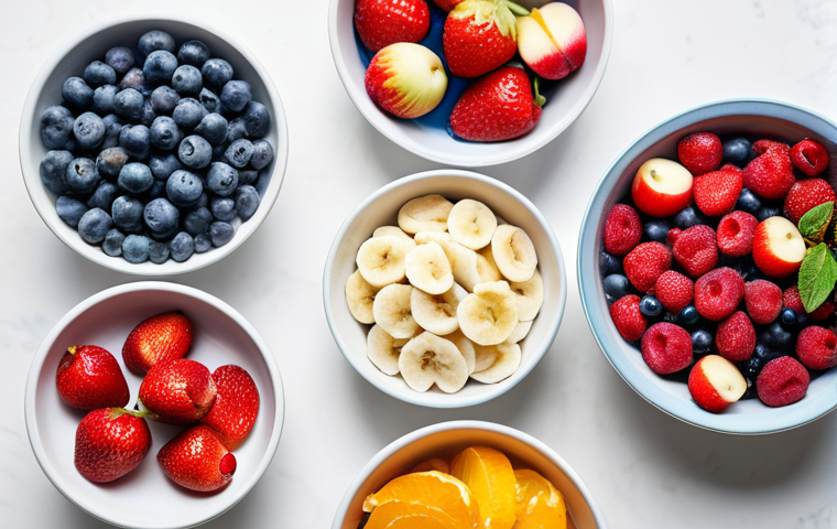 A close-up, high-resolution macro photograph of a vibrant assortment of freeze-dried fruits and berries. The composition features crisp, intensely colored strawberries, blueberries, and apple slices from a local Swedish orchard, showcasing their delicate texture and concentrated natural sweetness. They are artfully arranged in a minimalist, light-colored ceramic bowl on a clean, modern white surface, with soft, diffused studio lighting highlighting their details. The image evokes freshness and advanced food preservation technology. Safe for work, appropriate content, family-friendly, professionally prepared, high quality.